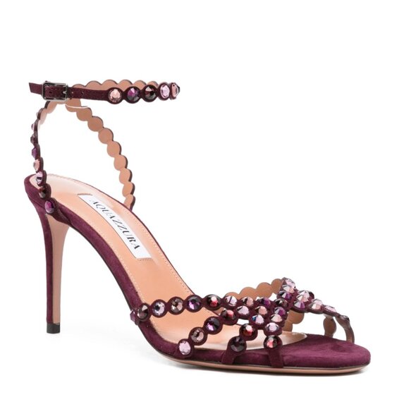 Aquazzura Tequila 85 crystal-embellished suede sandals in Blackberry Size 38/8 - Picture 1 of 8